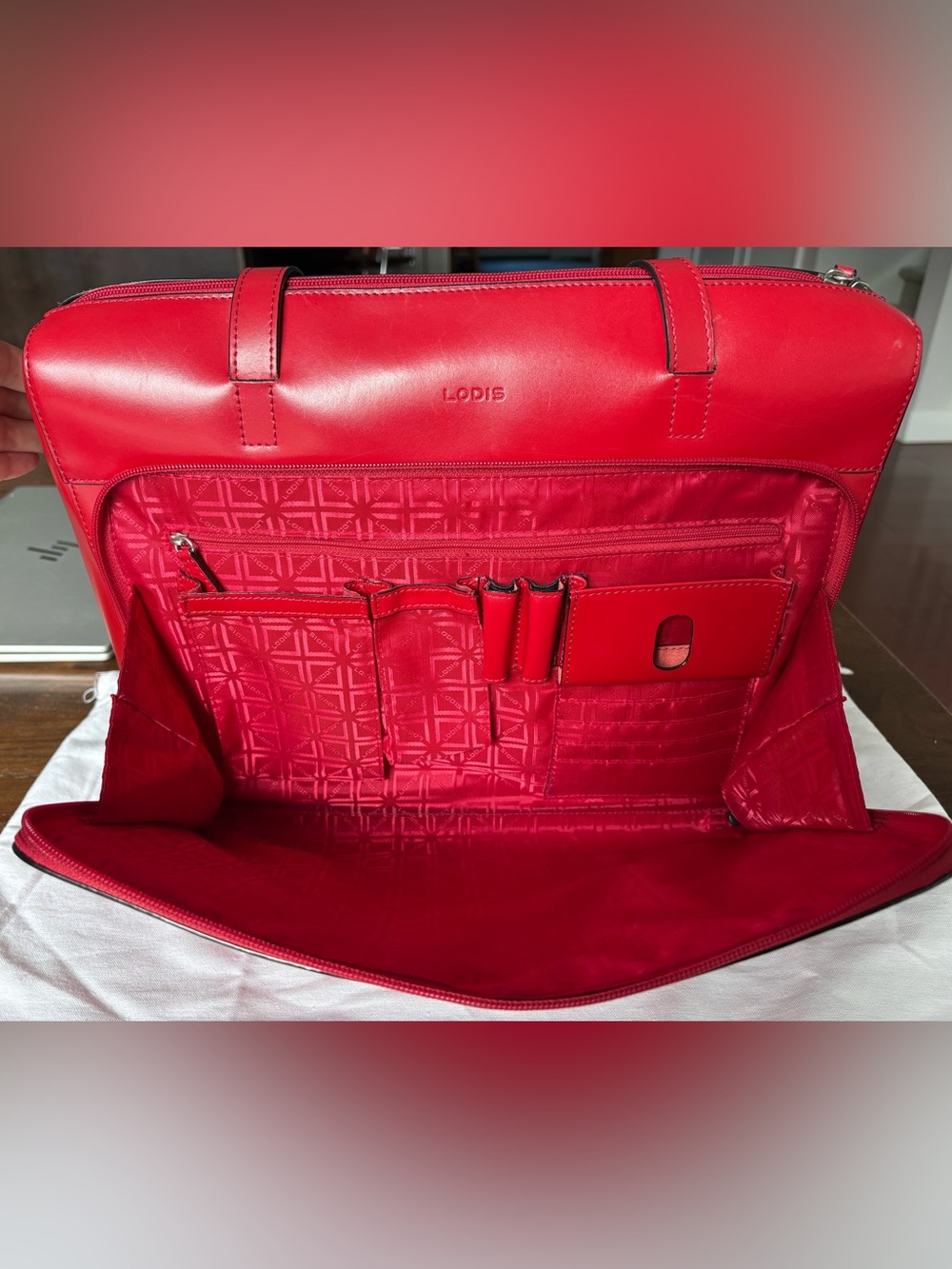LODIS Red Leather Laptop Tote Bag - Significant Wear on One Strap / Priced Low - Picture 3 of 9